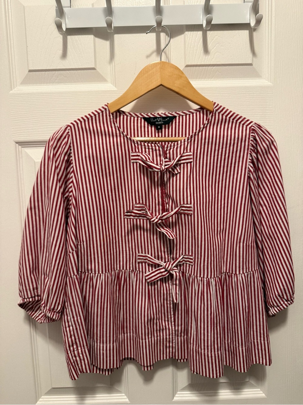 Preppy Red and White Stripe Babydoll Blouse with Bows